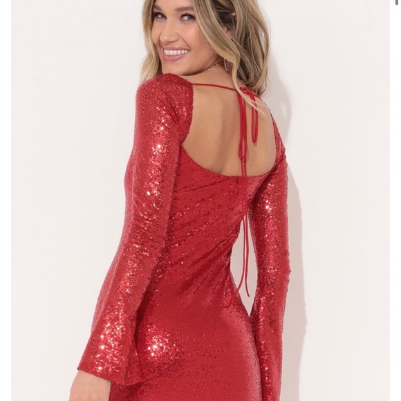 Red long sleeve sequence dress sz L - Picture 2 of 6